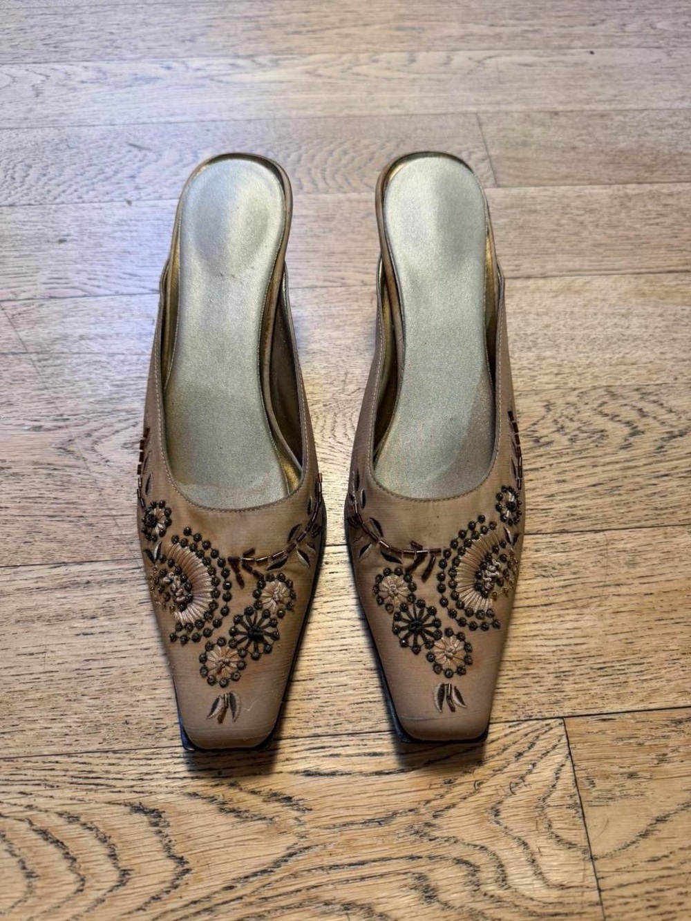 Nine West Tan Embroidered Slip-On Heeled Mules - Picture 2 of 8